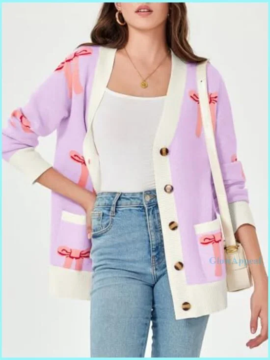 Oversized V-Neck Cardigan Sweater with Bow Print, Loose Knit, Button Front - Picture 2 of 7